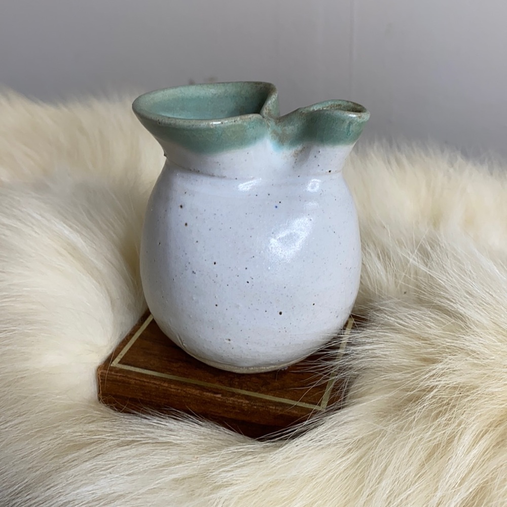 . Vintage White & Green Ceramic Pitcher - VTG Hand Crafted, Pinched Pottery